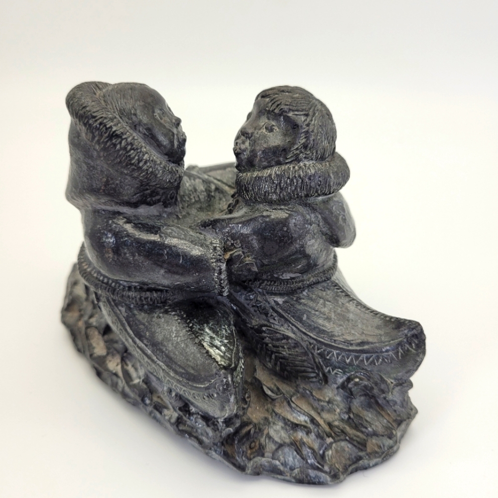 A. Wolf Sculptures Canada Original Inuit Soapstone Sculpture 2 Eskimos in Canoes